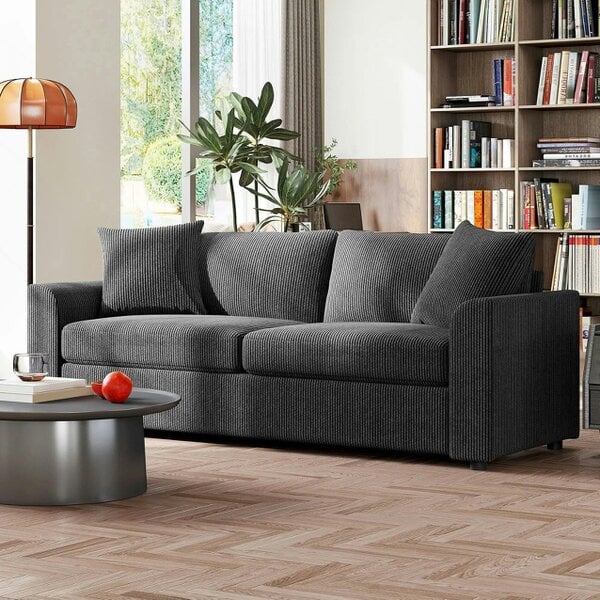 Bobobiy Modern 3 Seater Sofa with Spring Cushion, 212 cm Fabric Jumbo Cord Sofa Couch with 2 Scatter Cushions, Upholstered Corduroy Settee, Grey