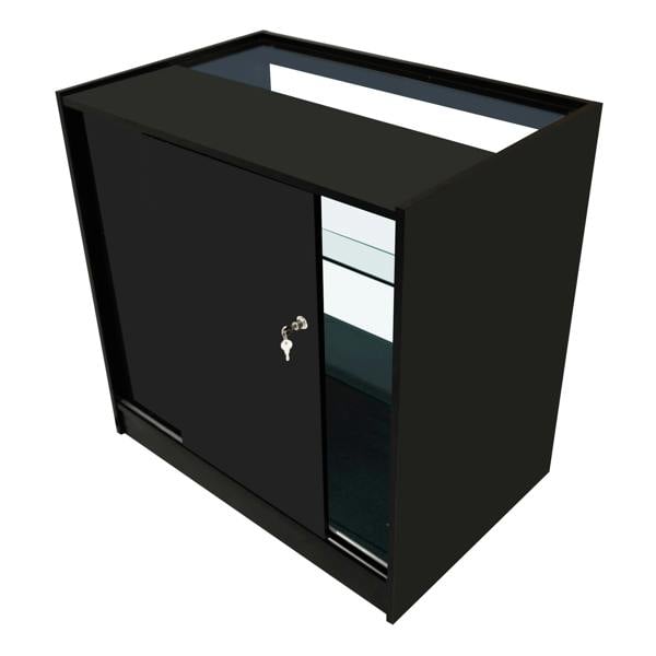 Black Hyperion LED shop counter set featuring sleek design, glass shelves, and a secure locking door for retail display