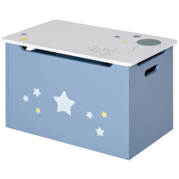 Kids wooden toy box storage chest in blue with white star decals and hinged lid