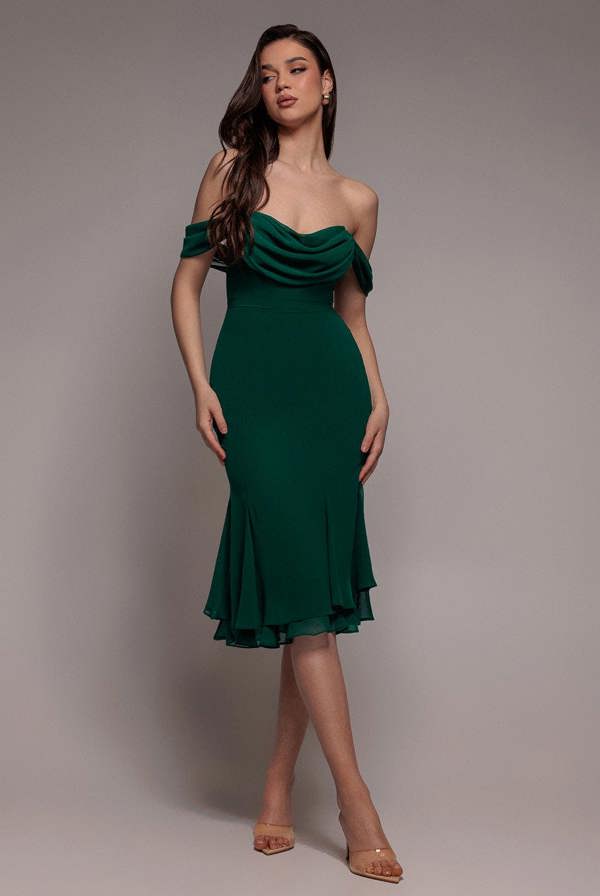 Chiffon Cowl Off Shoulder Wing Tiered Midi Dress - Emerald Green DR4843