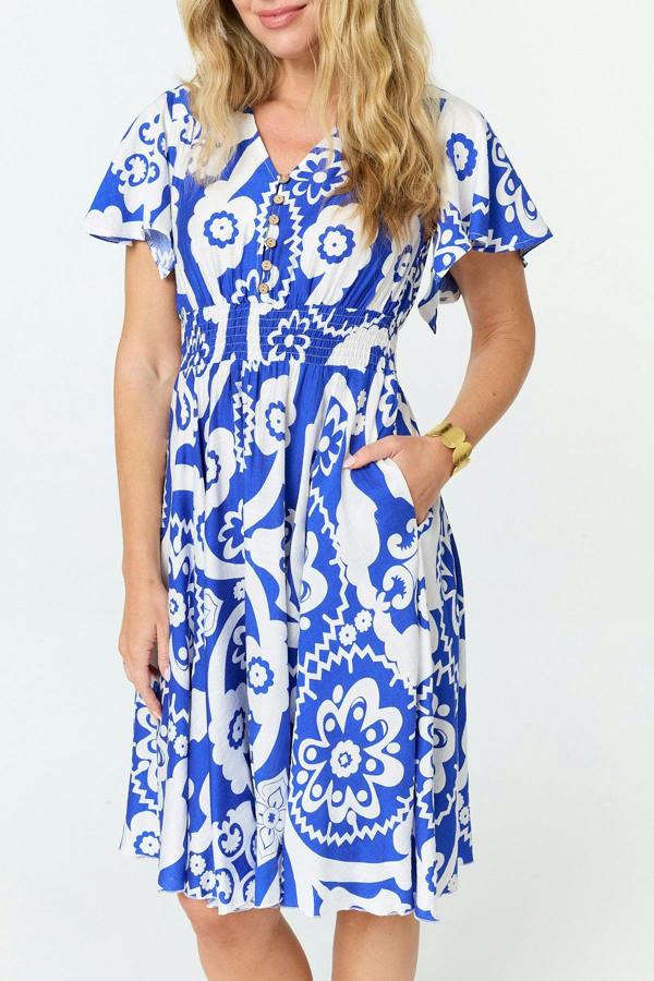 Blue | Printed Knee Length Angel Sleeve Dress