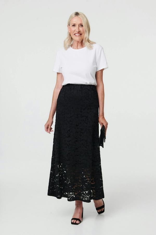 Black | Lace Texture Layer High Waist Maxi Skirt