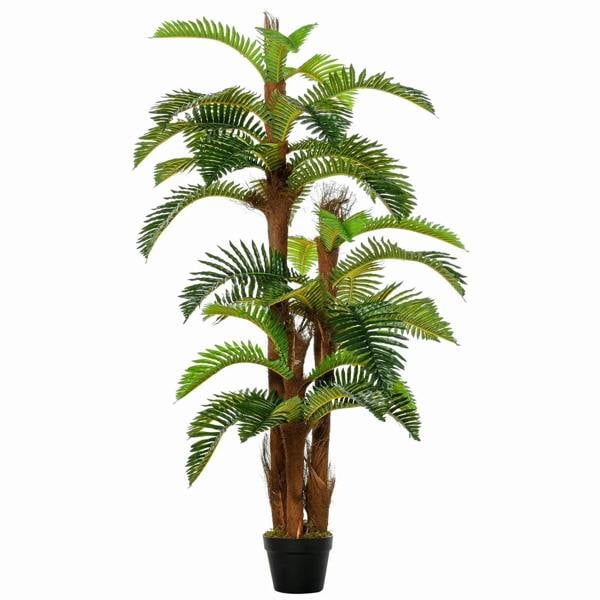 Artificial tropical fern plant with green fronds in a dark pot.