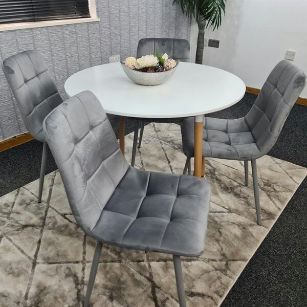 Kosy Koala Dining Table and 4 Chairs  White Round Wood Table 4 Grey Velvet Chairs Dining Room Furniture
