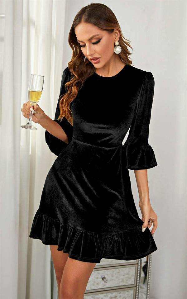 FS Collection Velvet Frill Detail Mini Dress In Black