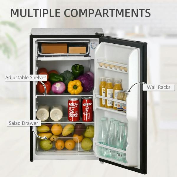 Open black mini refrigerator with multiple compartments, adjustable shelves, and door racks