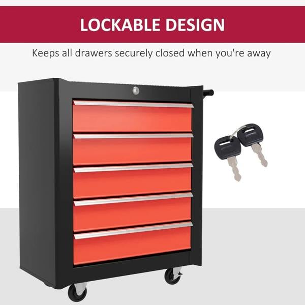 Closed red 5-drawer steel tool chest with lock and two keys