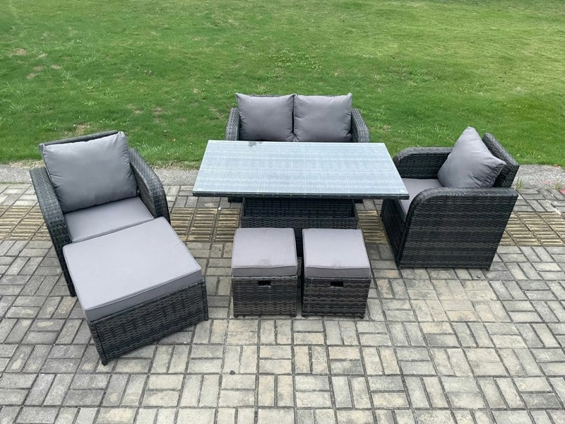 Fimous Wicker PE Rattan Furniture Garden Dining Set Outdoor Height Adjustable Rising lifting Table Love Sofa Chair With 3 Stools