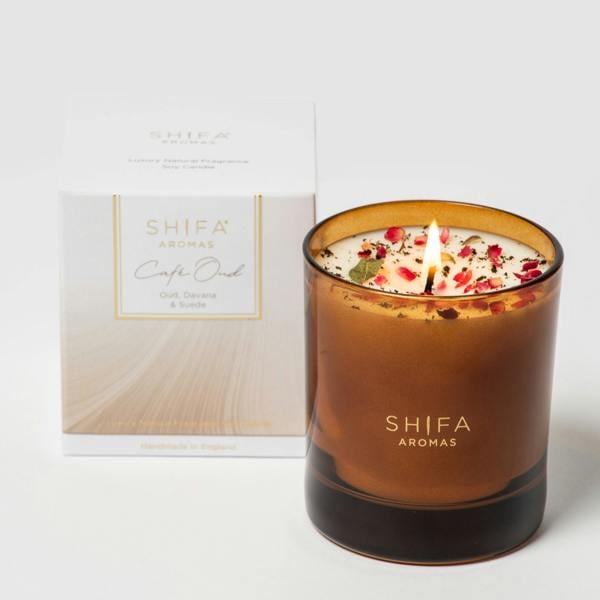 Shifa Aromas Cafe Oud - Essential Oil Glass Candle | Bergamot, Pimento, Oud and Davana