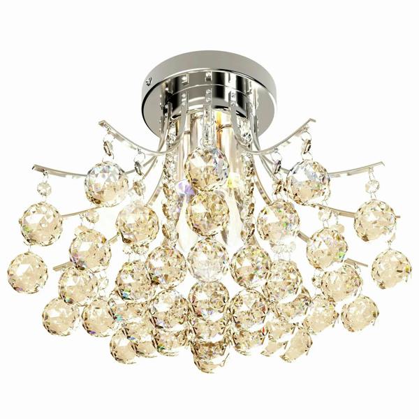 Crystal ceiling chandelier with clear round prisms and chrome canopy