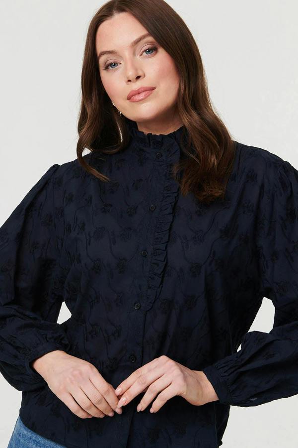 Navy | Embroidered Texture Long Sleeve Blouse