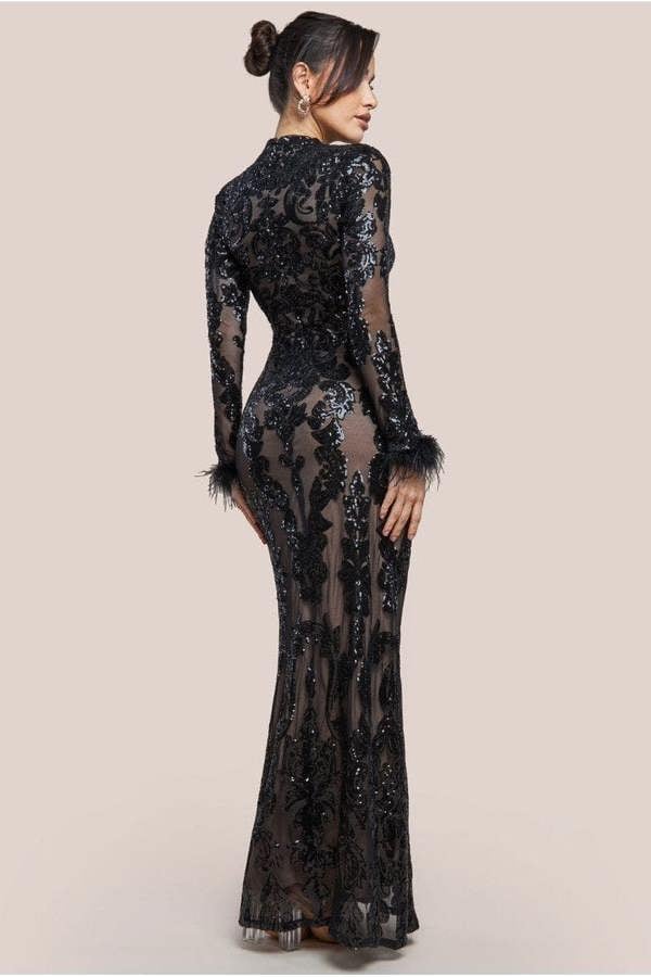 Sequin High Neck Feather Cuff Maxi Dress - Black DR3984