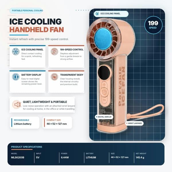 Dyzi Portable Ice Cooling Handheld Fan 199 Speed USB Rechargeable