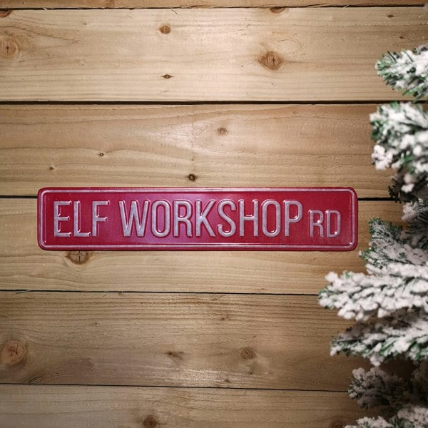 Samuel Alexander 50cm Indoor Outdoor Red Metal Elf Workshop Rd Sign Hanging Christmas Decoration