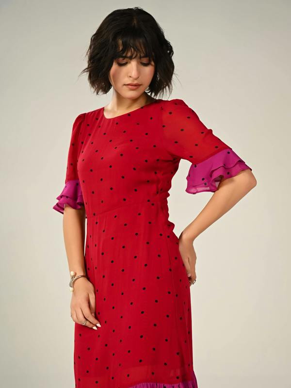 Rose & Nancy Saphi Red And Pink Polka Dot Maxi Dress