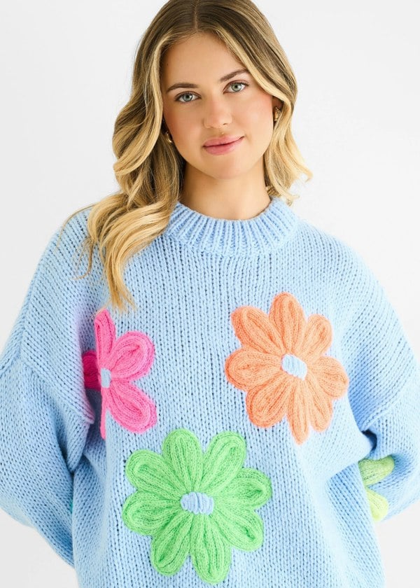 Gini London Blue Floral Crochet Chunky Knit Oversized Jumper