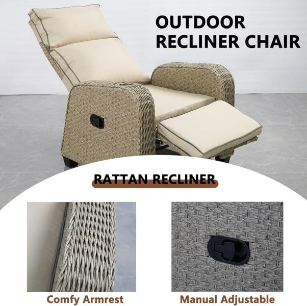 Furniture One Outdoor Wicker 170° Lay Flat Recliner Chair with Soft Cushions, Adjustable Backrest and Footrest - Natural