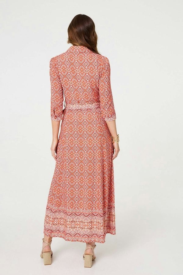 Orange | Geo Print Tie Waist Maxi Shirt Dress
