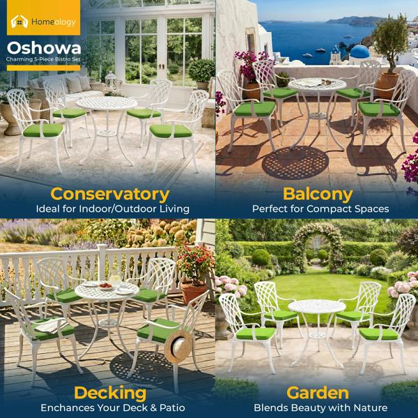 Homeology OSHOWA Luxurious Garden and Patio Table and 4 Large Chairs with Armrests Cast Aluminium Bistro Set - White with Green Cushions
