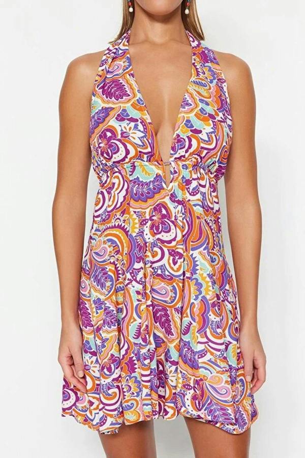 WOVCOR Abstract Print Woven Backless Beach Mini Dress