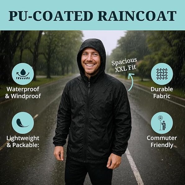 Lightweight Waterproof Packable Raincoat XXL – Unisex Black