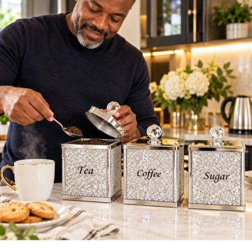 smartbies 3 Piece Tea Coffee Sugar Canisters Set – Crushed Crystal Storage Jars with Mirrored Lids & Crystal Knobs – Luxury Kitchen Containers