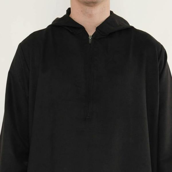 HM12 - Men's Hooded Suede Emirati Omani Zipped Thobe - Black - Thobez - 10