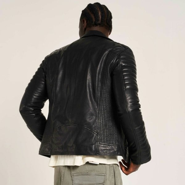 Barneys Originals Men's Leather Biker Jacket with Quilted Ribbed Sleeves