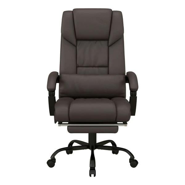 Brown padded massage office chair with tall back, armrests, and caster base