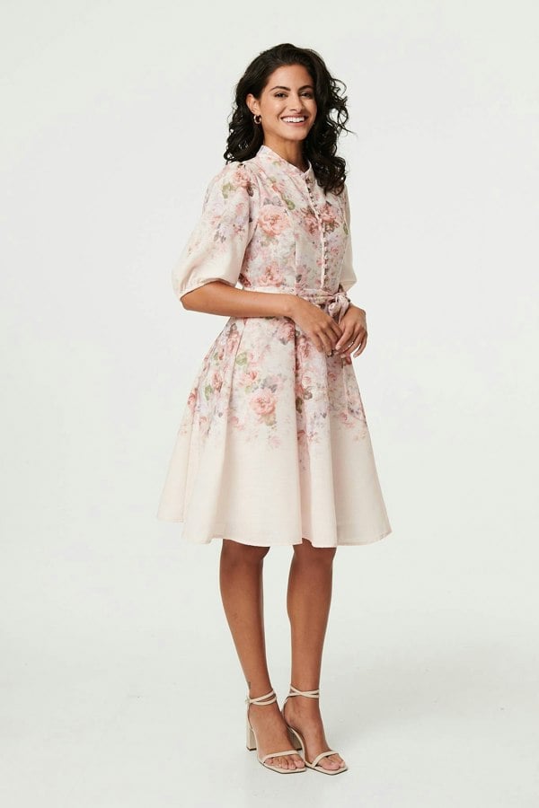 Cream | Floral 3/4 Puff Sleeve Knee Length Dress
