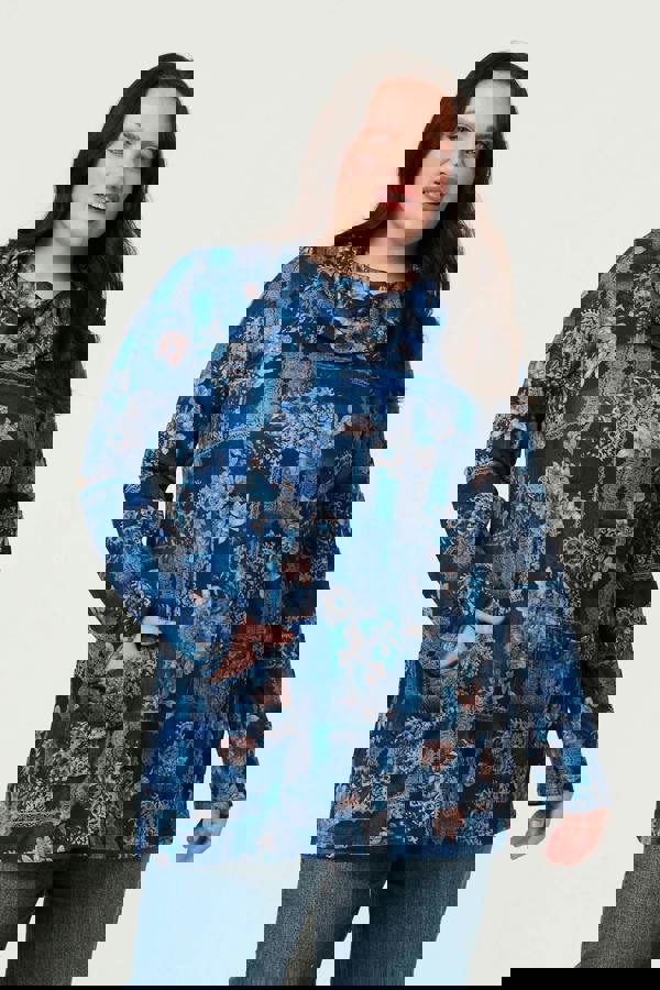 Blue | Curve Printed Cowl Neck Long Sleeve Tunic Top