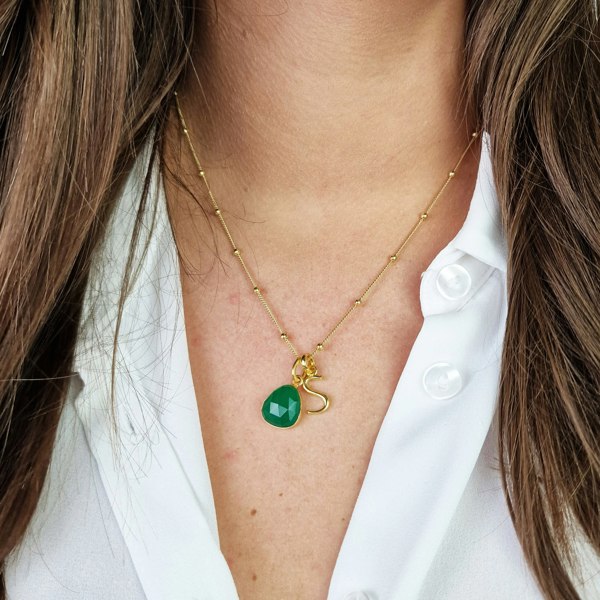 Harfi 18ct Gold Plated Green Onyx May Birthstone Initial Necklace