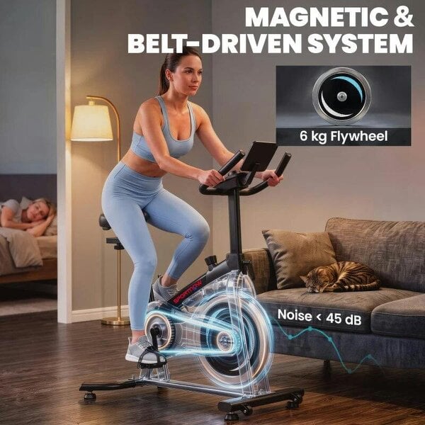 Exercise Bike, Indoor Stationary Bike with Smart APP, 0-100% Magnetic Resistance, Adjustable Seat & Handlebars, Wheels