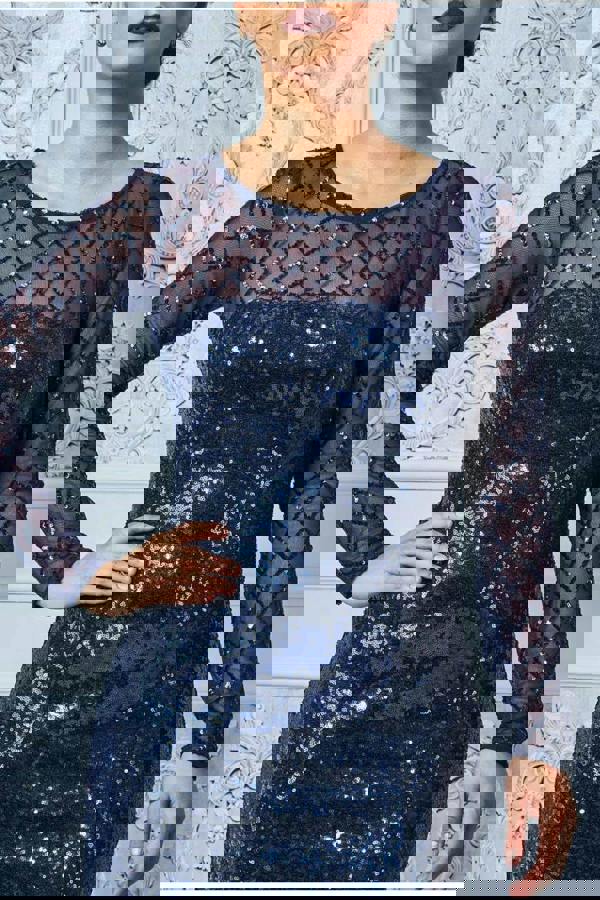 Sheer Diamond Design Sequin Maxi Dress - Navy DR2526