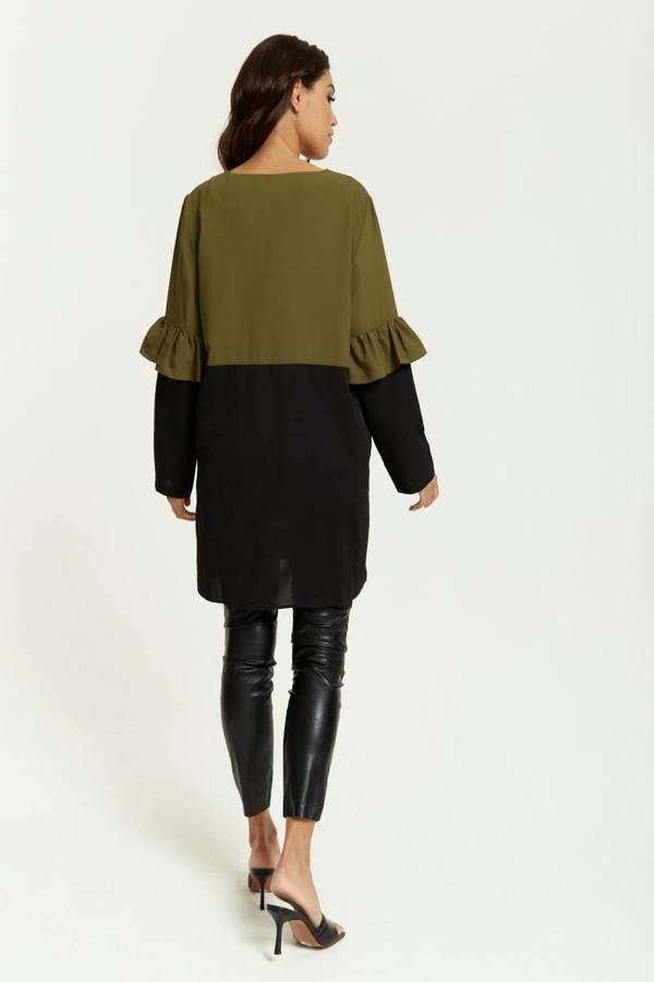 Hoxton Gal Colour Block Satin Tunic with Frill Detailed on Sleeve in Khaki and Black