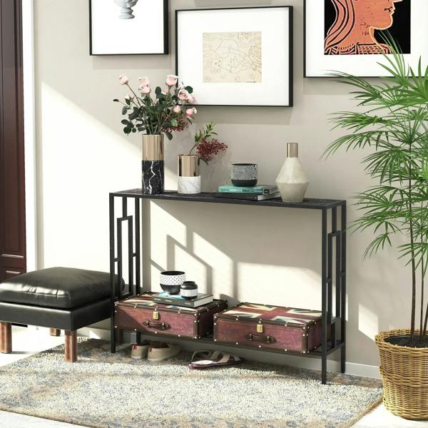 Grey narrow console table with black metal sides and open lower shelf