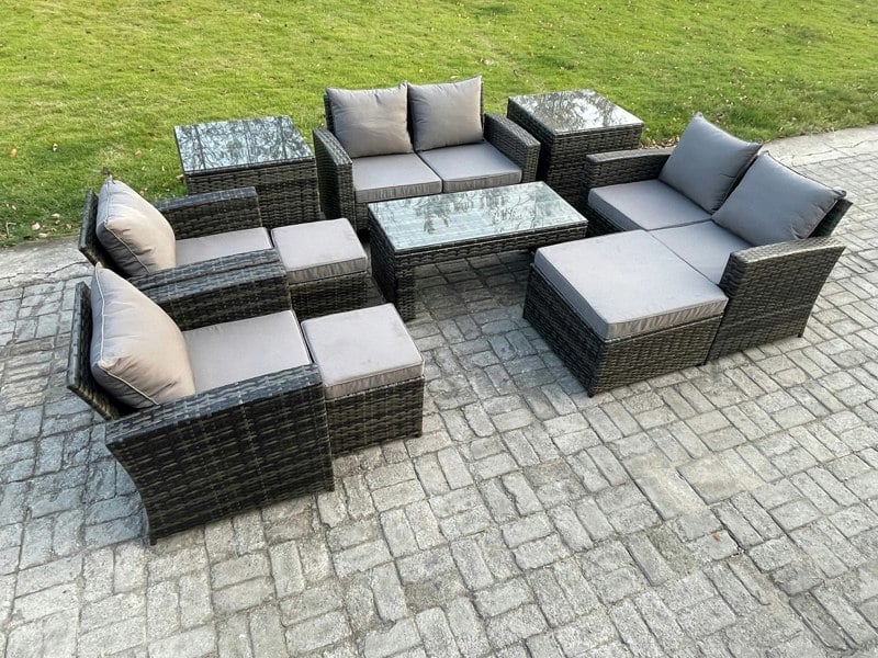 Fimous 9-Seater Dark Grey Mixed High Back Rattan Garden Furniture Set - Outdoor Patio Sofa with Coffee Table & Armchairs
