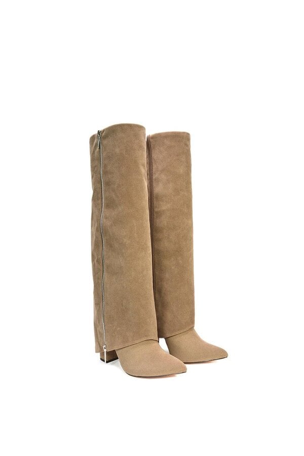 XY LONDON Knee High Boots Fold Over Point Toe Deco Zip