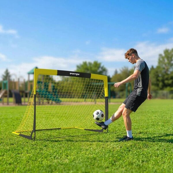 Pop Up Football Goal, Portable Folding Football Net with Carry Bag, 4 U-Shaped Ground Stakes, Fibreglass Pole - Yellow