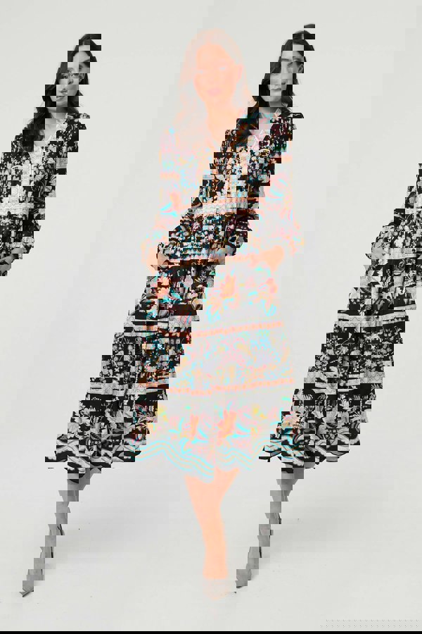 Black | Floral Long Sleeve Buttoned Midi Dress
