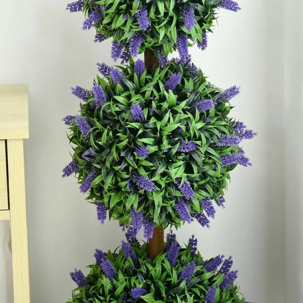 Artificial lavender ball tree with layered green foliage and hanging purple flower clusters