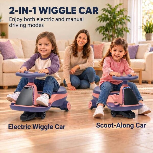 12V Electric Wiggle Car, 2-In-1 Kids Ride On Toy with 2 Speeds, Soft Start, PU Wheels, RGB Lights, Up to 60 kg, Pink
