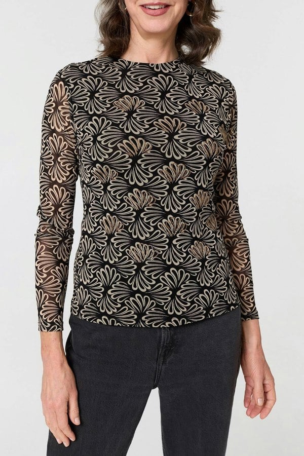 Black | Printed Long Sleeve Fitted Top

