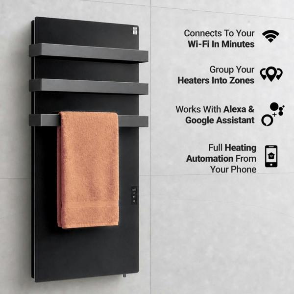 Mirrorstone Heating 900W Quartz Glass Wi-Fi Towel Rail Infrared Heating Panel (Available in Black or White) - Electric Panel Heater