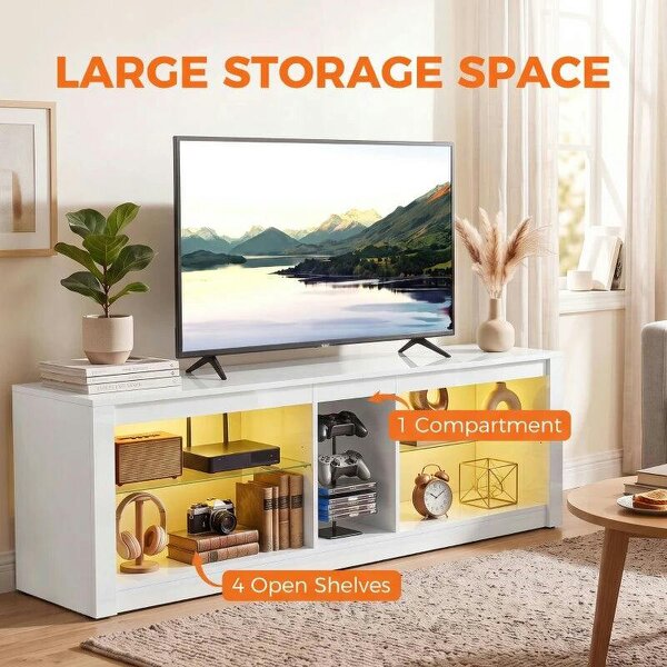 TV Stand Cabinet with LED Lights and Remote Control for TVs up to 65", Entertainment Centre with Storage Shelves, White