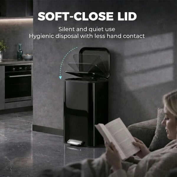 50 L Kitchen Pedal Bin, Metal Rubbish Bin with Removable Inner Bucket, Soft-Close & Stay-Open Lid, High Gloss Black