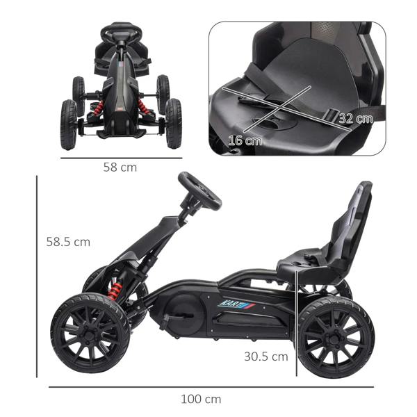 Black kids pedal go kart side view with adjustable seat, steering wheel, and four EVA-style wheels