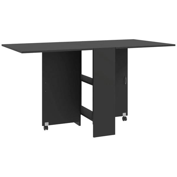 Black drop-leaf dining table with two-tier shelf and foldable side panels on casters