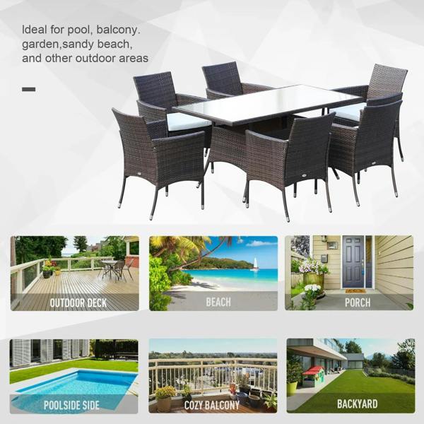 Brown rattan dining table set with six armchairs and glass tabletop