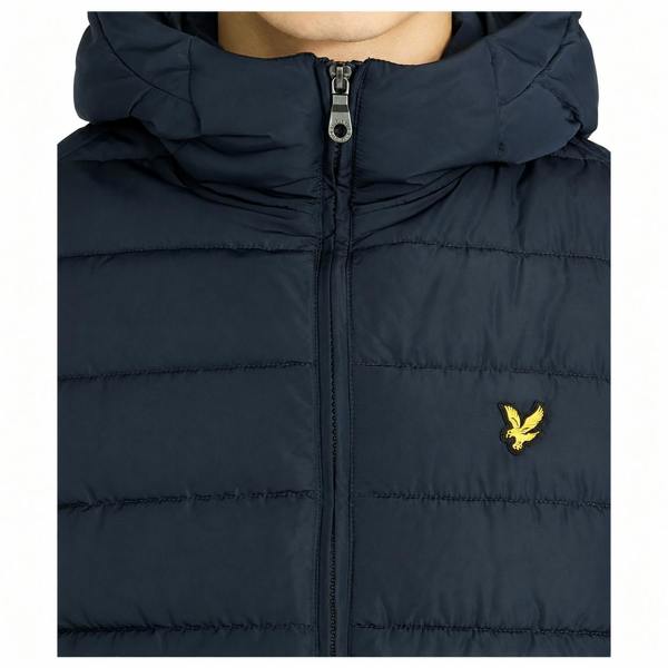 Dark navy Lyle & Scott quilted hooded jacket with a zip-up front and signature yellow eagle logo on the chest.